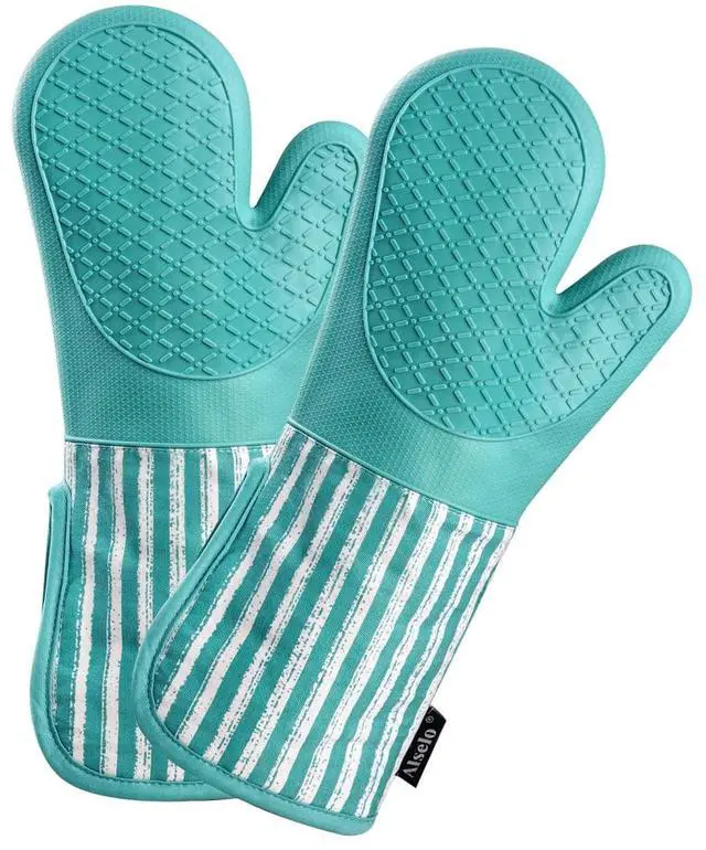 Main image of Silicone Oven Mitts Heat Resistant 932 with Waterproof & Non-Slip Kitchen Mittens, Set of 2 Extra Long Oven Gloves with Soft Cotton Terry Lining for Baking Cooking Barbecue
