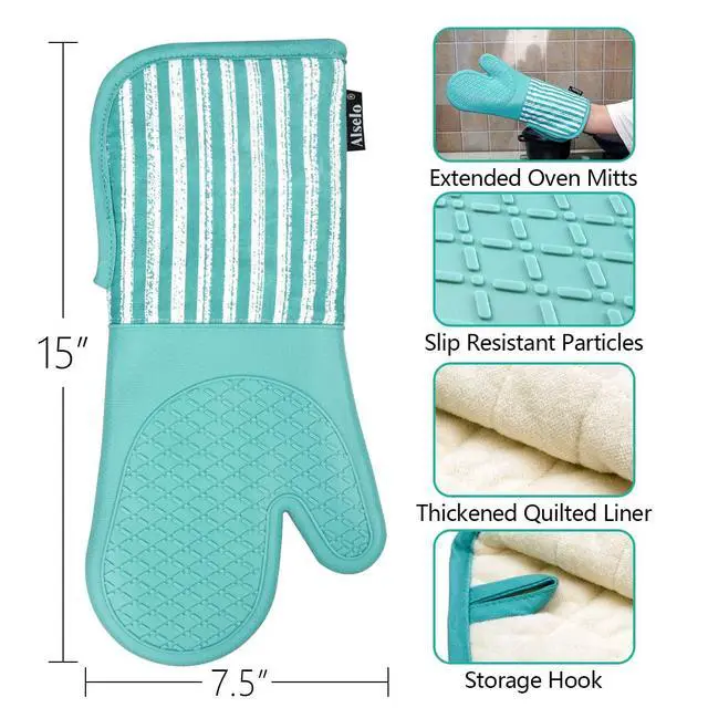 Alt view image 2 of 7 - Silicone Oven Mitts Heat Resistant 932 with Waterproof & Non-Slip Kitchen Mittens, Set of 2 Extra Long Oven Gloves with Soft Cotton Terry Lining for Baking Cooking Barbecue