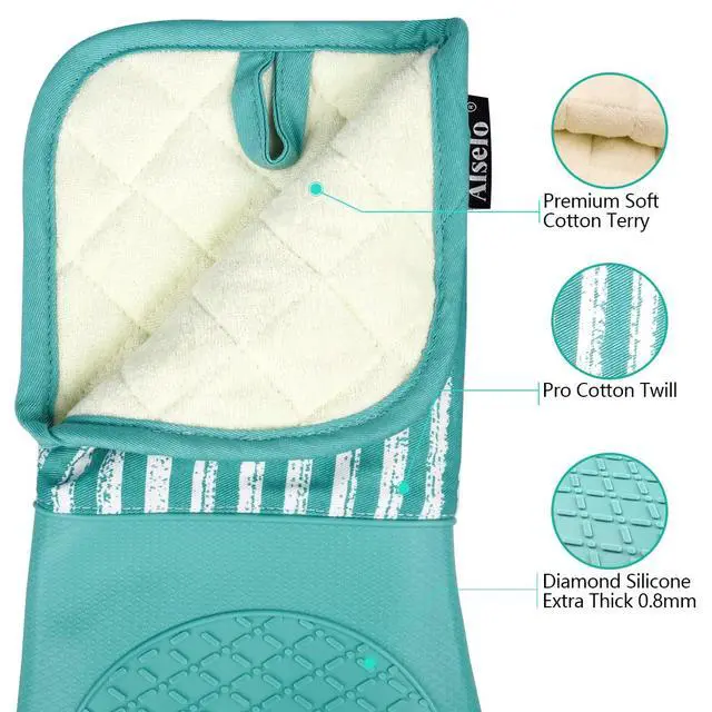Alt view image 3 of 7 - Silicone Oven Mitts Heat Resistant 932 with Waterproof & Non-Slip Kitchen Mittens, Set of 2 Extra Long Oven Gloves with Soft Cotton Terry Lining for Baking Cooking Barbecue