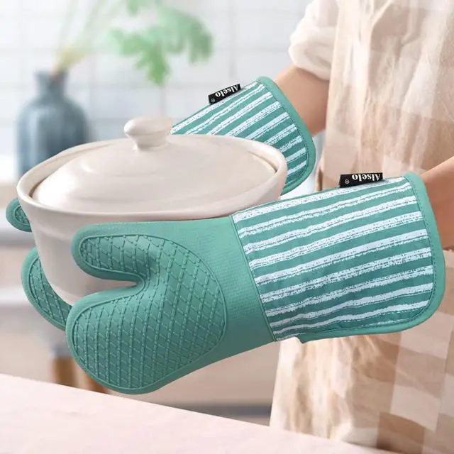 Alt view image 4 of 7 - Silicone Oven Mitts Heat Resistant 932 with Waterproof & Non-Slip Kitchen Mittens, Set of 2 Extra Long Oven Gloves with Soft Cotton Terry Lining for Baking Cooking Barbecue