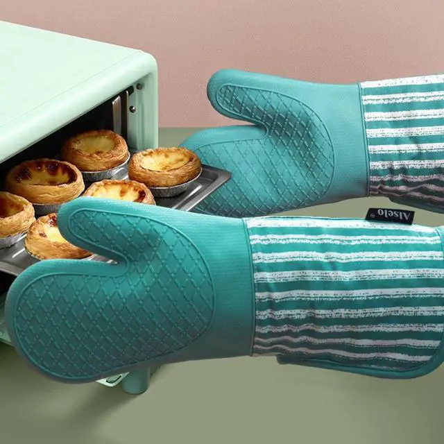Alt view image 5 of 7 - Silicone Oven Mitts Heat Resistant 932 with Waterproof & Non-Slip Kitchen Mittens, Set of 2 Extra Long Oven Gloves with Soft Cotton Terry Lining for Baking Cooking Barbecue