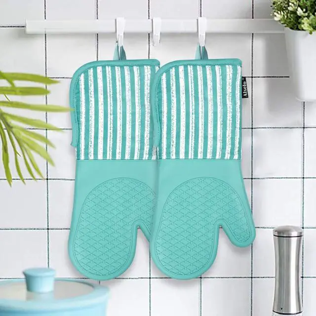 Alt view image 7 of 7 - Silicone Oven Mitts Heat Resistant 932 with Waterproof & Non-Slip Kitchen Mittens, Set of 2 Extra Long Oven Gloves with Soft Cotton Terry Lining for Baking Cooking Barbecue
