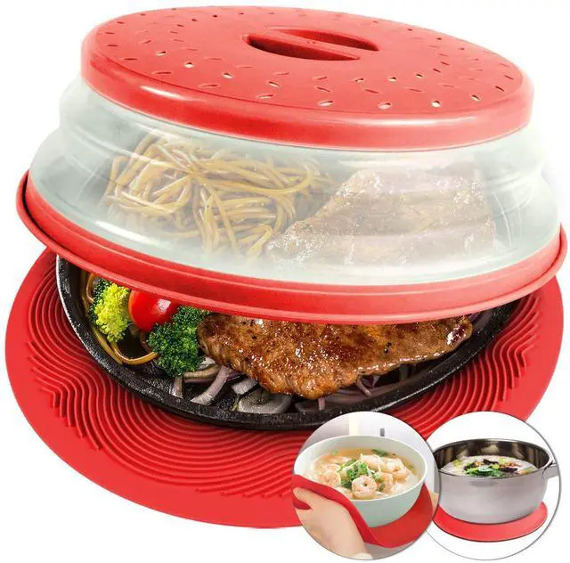 Main image of 2 in 1, Microwave Splatter Cover for Food & Silicone Microwave Mat, Mat as Bowl Holder, Trivet, Pot Holders, Drying, Baking, Utensils Rest for Kitchen Counter, Dishwasher Safe, Red