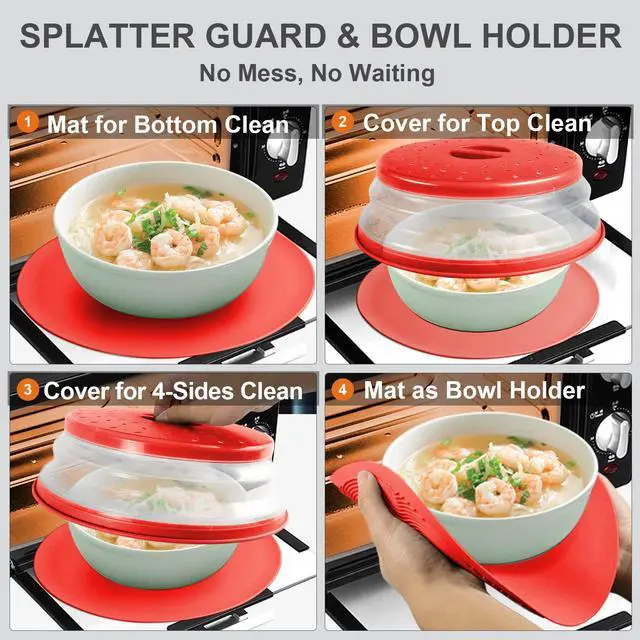 Alt view image 2 of 7 - 2 in 1, Microwave Splatter Cover for Food & Silicone Microwave Mat, Mat as Bowl Holder, Trivet, Pot Holders, Drying, Baking, Utensils Rest for Kitchen Counter, Dishwasher Safe, Red