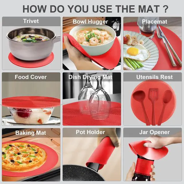 Alt view image 3 of 7 - 2 in 1, Microwave Splatter Cover for Food & Silicone Microwave Mat, Mat as Bowl Holder, Trivet, Pot Holders, Drying, Baking, Utensils Rest for Kitchen Counter, Dishwasher Safe, Red