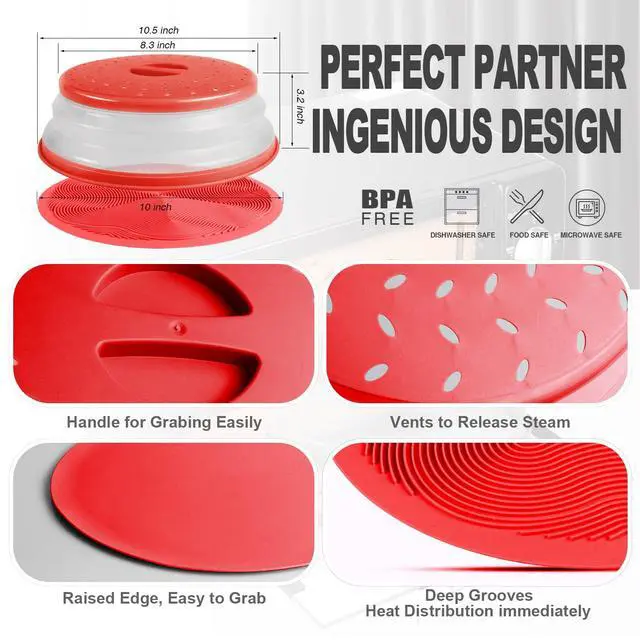Alt view image 6 of 7 - 2 in 1, Microwave Splatter Cover for Food & Silicone Microwave Mat, Mat as Bowl Holder, Trivet, Pot Holders, Drying, Baking, Utensils Rest for Kitchen Counter, Dishwasher Safe, Red
