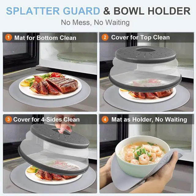 Alt view image 3 of 7 - Microwave Food Cover with Mat 12 Inch, Mat as Bowl Holder, Cover for Splatter Guard, Collapsible Lid for Plate Dish, Multi-Purpose Silicone Mat & Kitchen Colander Gadget for Meal Prep,Charcoal