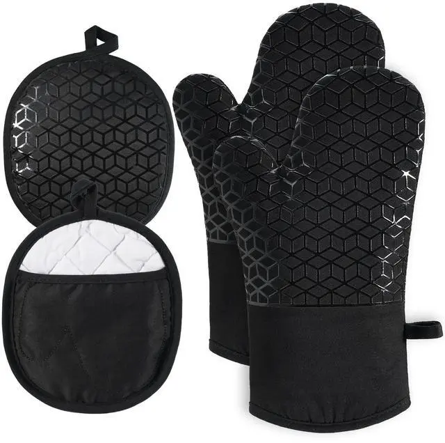 Main image of Oven Mitts and Pot Holders,500 Heat Resistant Oven Mitts Sets,Silicone Oven Gloves, Non-Slip Silicone Textured Grip,Black