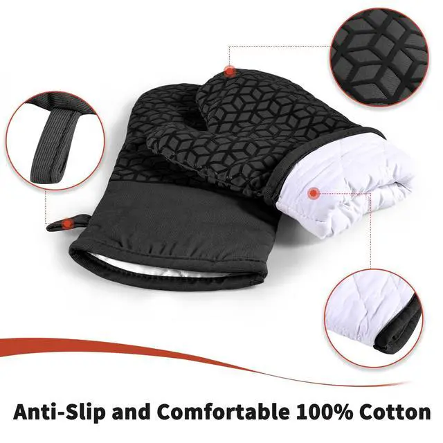 Alt view image 3 of 7 - Oven Mitts and Pot Holders,500 Heat Resistant Oven Mitts Sets,Silicone Oven Gloves, Non-Slip Silicone Textured Grip,Black
