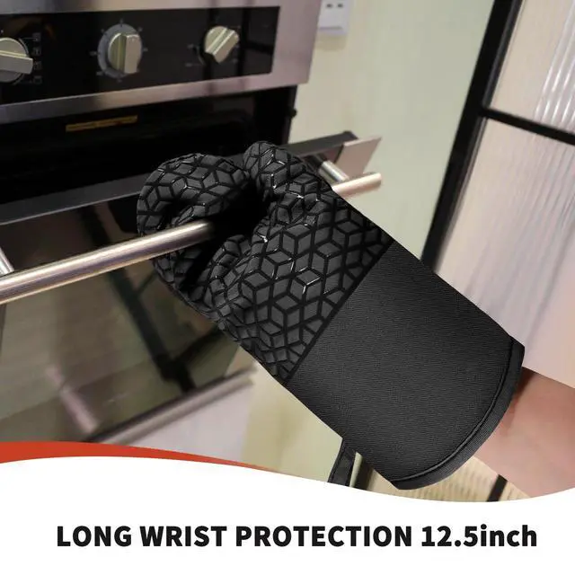 Alt view image 4 of 7 - Oven Mitts and Pot Holders,500 Heat Resistant Oven Mitts Sets,Silicone Oven Gloves, Non-Slip Silicone Textured Grip,Black