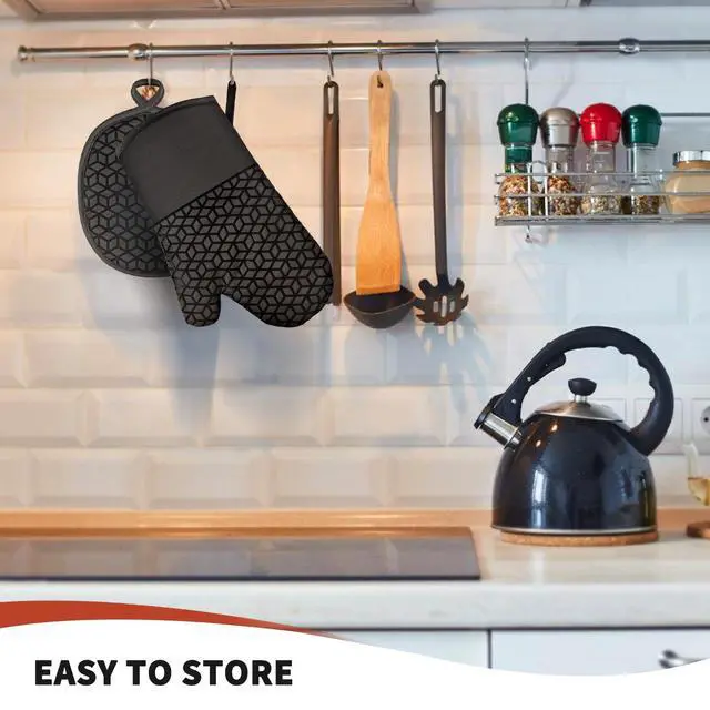 Alt view image 6 of 7 - Oven Mitts and Pot Holders,500 Heat Resistant Oven Mitts Sets,Silicone Oven Gloves, Non-Slip Silicone Textured Grip,Black