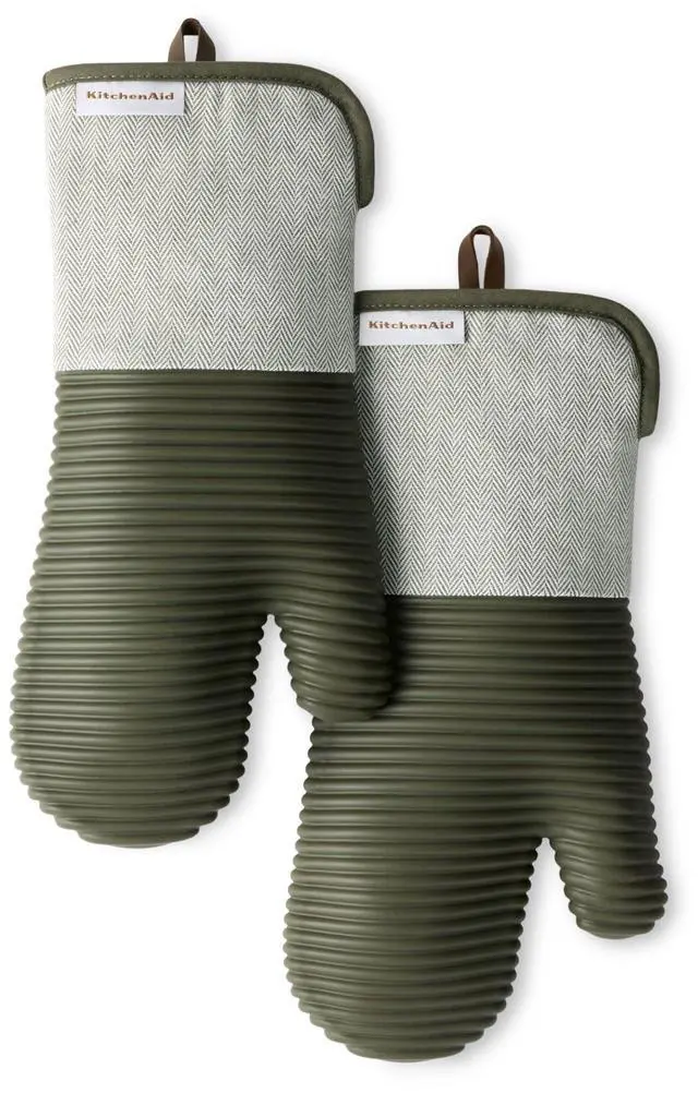 Main image of Evergreen Design Series Herringbone Ribbed Soft Silicone Oven Mitts 2-Pack Set, Heat Resistant up to 500°F, Flexible & Waterproof, Deep Forest Green, 7"x14"