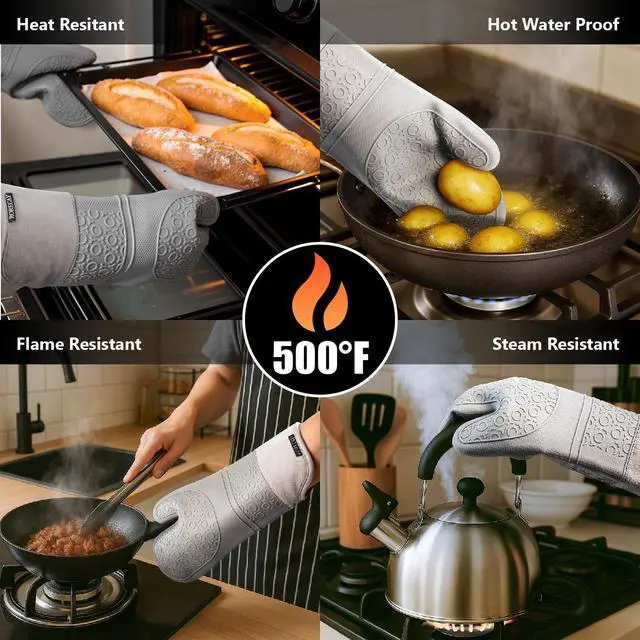Alt view image 2 of 7 - 6pcs Oven Mitts and Pot Holders Sets for Kitchen, Extra Long Silicone Oven Gloves High Heat Resistant 500 Degrees Non-Slip Potholders Hot Pads for Baking Cooking, Grey