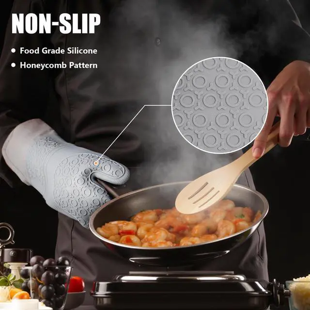 Alt view image 5 of 7 - 6pcs Oven Mitts and Pot Holders Sets for Kitchen, Extra Long Silicone Oven Gloves High Heat Resistant 500 Degrees Non-Slip Potholders Hot Pads for Baking Cooking, Grey