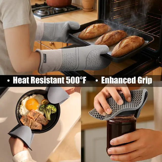 Alt view image 6 of 7 - 6pcs Oven Mitts and Pot Holders Sets for Kitchen, Extra Long Silicone Oven Gloves High Heat Resistant 500 Degrees Non-Slip Potholders Hot Pads for Baking Cooking, Grey