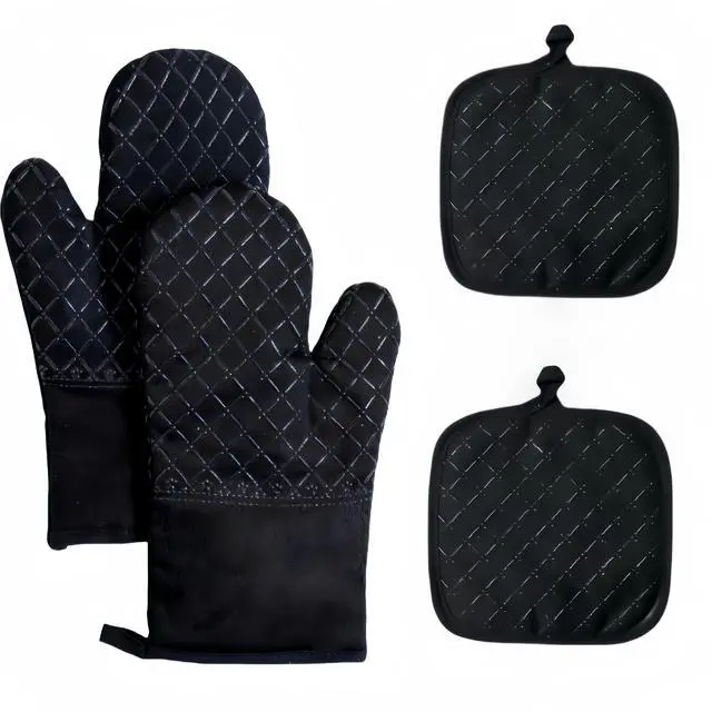 Main image of Oven Mitts and Pan Racks 4-Piece Set, Extended Kitchen Oven Mitts and Pan Racks, Heat Resistant 500 °F, Silicone Non-Slip Surface for Baking and Cooking (Black)
