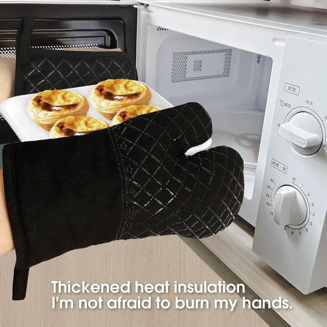 Alt view image 5 of 6 - Oven Mitts and Pan Racks 4-Piece Set, Extended Kitchen Oven Mitts and Pan Racks, Heat Resistant 500 °F, Silicone Non-Slip Surface for Baking and Cooking (Black)