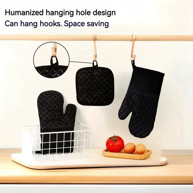 Alt view image 6 of 6 - Oven Mitts and Pan Racks 4-Piece Set, Extended Kitchen Oven Mitts and Pan Racks, Heat Resistant 500 °F, Silicone Non-Slip Surface for Baking and Cooking (Black)