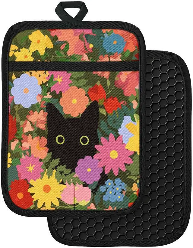 Main image of Cute Silicone Oven Mitts Heat Resistant for Women,Black Cat 100% Cotton Long Oven Mittens Gloves, Non-Slip Thick Kitchen Oven Mits Set with Hanger for Baking and Cooking Gifts