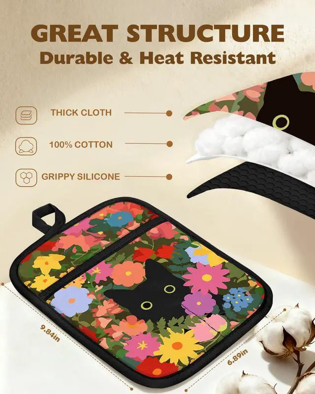 Alt view image 2 of 6 - Cute Silicone Oven Mitts Heat Resistant for Women,Black Cat 100% Cotton Long Oven Mittens Gloves, Non-Slip Thick Kitchen Oven Mits Set with Hanger for Baking and Cooking Gifts
