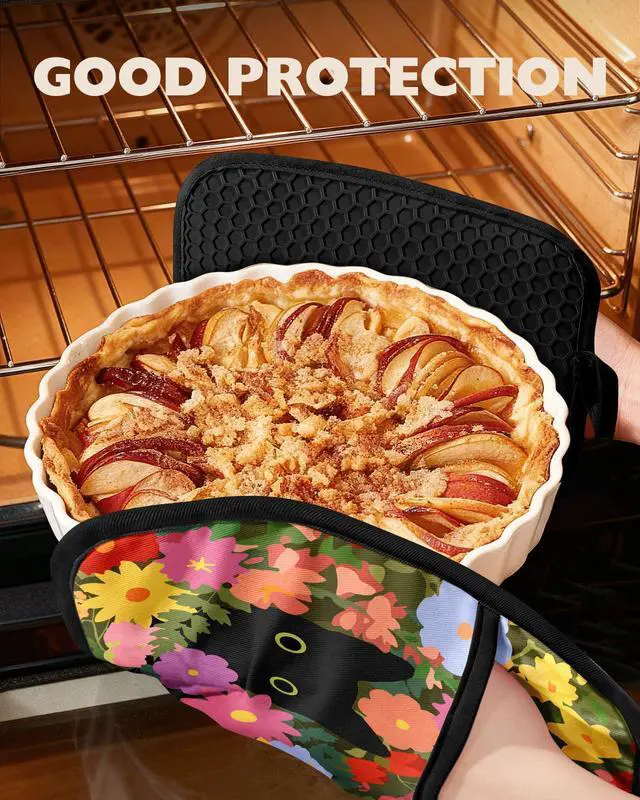 Alt view image 4 of 6 - Cute Silicone Oven Mitts Heat Resistant for Women,Black Cat 100% Cotton Long Oven Mittens Gloves, Non-Slip Thick Kitchen Oven Mits Set with Hanger for Baking and Cooking Gifts