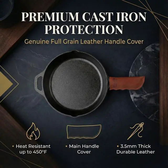 Alt view image 2 of 7 - Made in Georgia - Cast Iron Handle Cover- Extra Thick Leather Heat Resistant Handle Holder for Cast Iron Skillets, Pans