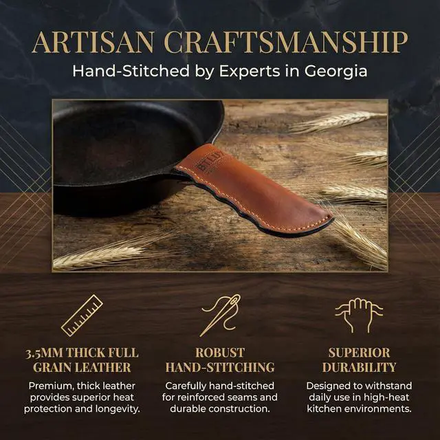 Alt view image 3 of 7 - Made in Georgia - Cast Iron Handle Cover- Extra Thick Leather Heat Resistant Handle Holder for Cast Iron Skillets, Pans