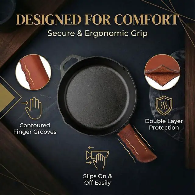 Alt view image 5 of 7 - Made in Georgia - Cast Iron Handle Cover- Extra Thick Leather Heat Resistant Handle Holder for Cast Iron Skillets, Pans