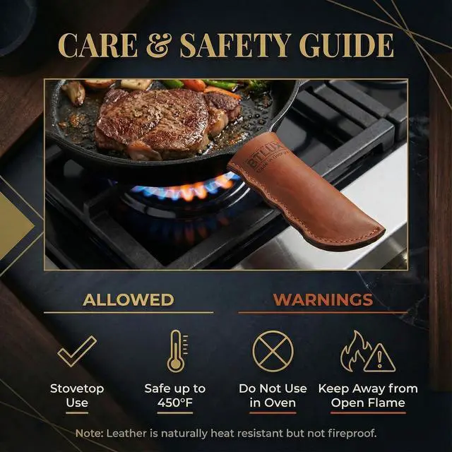 Alt view image 6 of 7 - Made in Georgia - Cast Iron Handle Cover- Extra Thick Leather Heat Resistant Handle Holder for Cast Iron Skillets, Pans