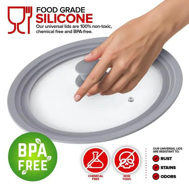 Alt view image 3 of 7 - Universal Lids (Set of 2) Fits 7 to 12-Inch Cookware, Silicone Replacement Pan Lid, Glass Top Covers for Skillets, Pots, Frying Pans, Cast Iron - Grey