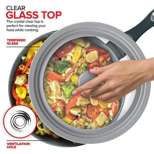 Alt view image 4 of 7 - Universal Lids (Set of 2) Fits 7 to 12-Inch Cookware, Silicone Replacement Pan Lid, Glass Top Covers for Skillets, Pots, Frying Pans, Cast Iron - Grey
