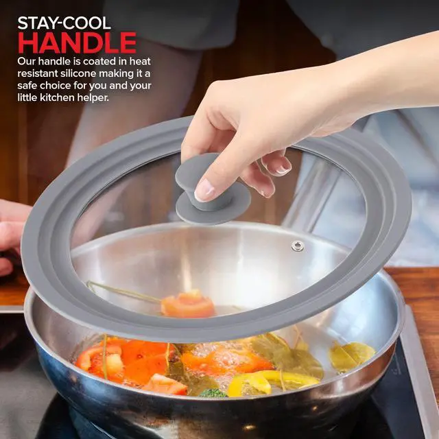 Alt view image 5 of 7 - Universal Lids (Set of 2) Fits 7 to 12-Inch Cookware, Silicone Replacement Pan Lid, Glass Top Covers for Skillets, Pots, Frying Pans, Cast Iron - Grey