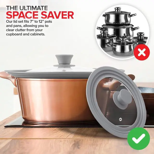 Alt view image 6 of 7 - Universal Lids (Set of 2) Fits 7 to 12-Inch Cookware, Silicone Replacement Pan Lid, Glass Top Covers for Skillets, Pots, Frying Pans, Cast Iron - Grey