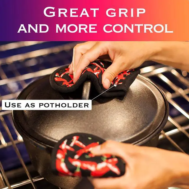 Alt view image 2 of 5 - Cast Iron Skillet Pan Pot Holder Covers Mitts Black Non-Slip Washable Sleeves for BBQ Baking Kitchen Cotton Commercial Grade (Chili, 10)