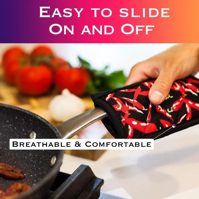Alt view image 3 of 5 - Cast Iron Skillet Pan Pot Holder Covers Mitts Black Non-Slip Washable Sleeves for BBQ Baking Kitchen Cotton Commercial Grade (Chili, 10)
