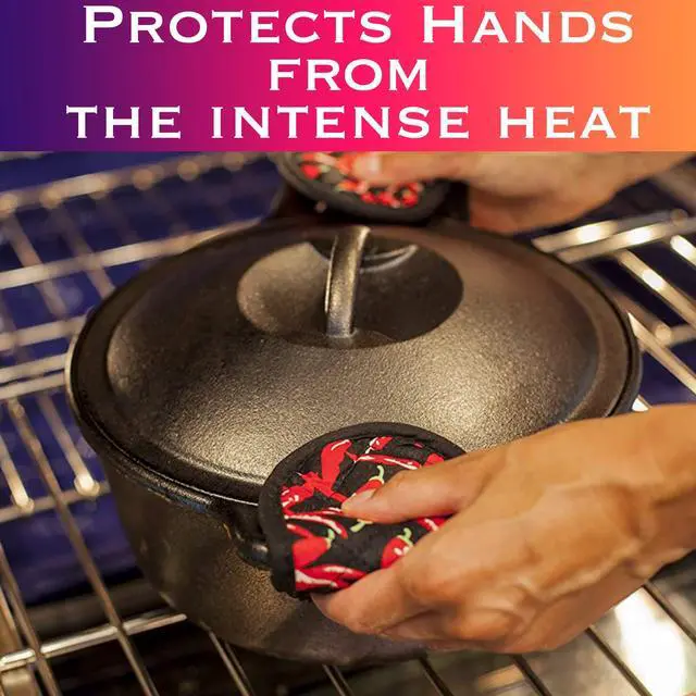 Alt view image 5 of 5 - Cast Iron Skillet Pan Pot Holder Covers Mitts Black Non-Slip Washable Sleeves for BBQ Baking Kitchen Cotton Commercial Grade (Chili, 10)