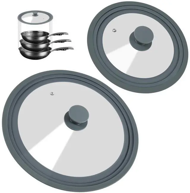 Main image of Universal Lid for Pots, Pans, and Skillets - 2 Pack Silicone Replacement Pan Lid Fits 7", 8" 9" & 10", 11", 12" Cookware - Tempered Glass Pot Lid Cover for Frying Pans, Cast Iron, CrockPot