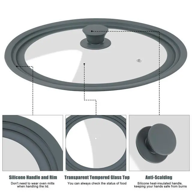 Alt view image 2 of 7 - Universal Lid for Pots, Pans, and Skillets - 2 Pack Silicone Replacement Pan Lid Fits 7", 8" 9" & 10", 11", 12" Cookware - Tempered Glass Pot Lid Cover for Frying Pans, Cast Iron, CrockPot