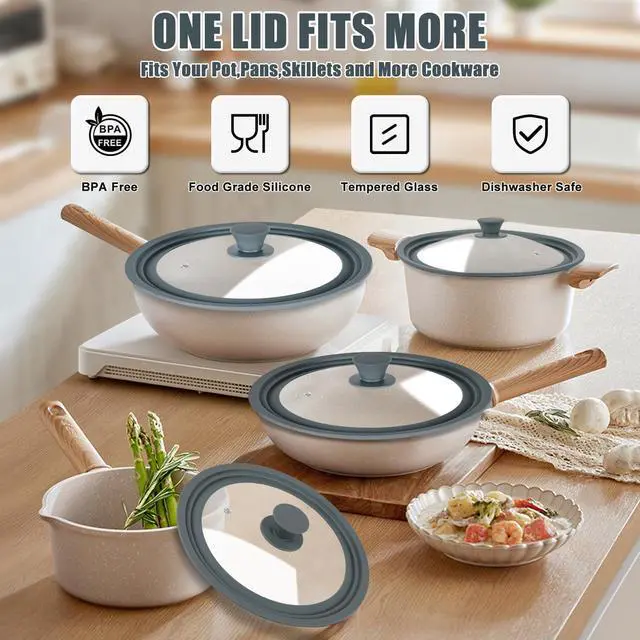 Alt view image 3 of 7 - Universal Lid for Pots, Pans, and Skillets - 2 Pack Silicone Replacement Pan Lid Fits 7", 8" 9" & 10", 11", 12" Cookware - Tempered Glass Pot Lid Cover for Frying Pans, Cast Iron, CrockPot