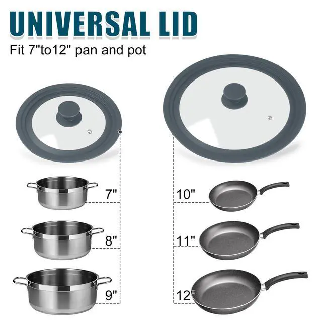 Alt view image 4 of 7 - Universal Lid for Pots, Pans, and Skillets - 2 Pack Silicone Replacement Pan Lid Fits 7", 8" 9" & 10", 11", 12" Cookware - Tempered Glass Pot Lid Cover for Frying Pans, Cast Iron, CrockPot