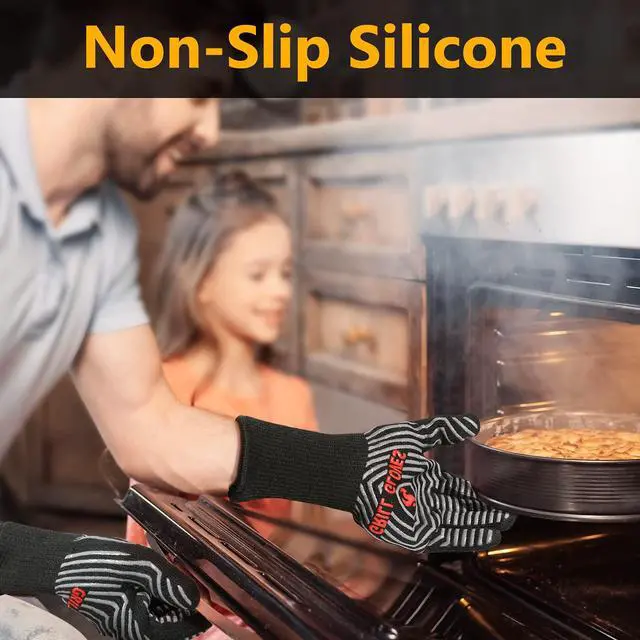 Alt view image 3 of 7 - Gloves, Oven Gloves 1472 Extreme Heat Resistant, Grilling Gloves Silicone Non-Slip Oven Mitts, Kitchen Gloves for BBQ, Grilling, Cooking, Baking-1 Pair (Black, One Size(Long Cuff))