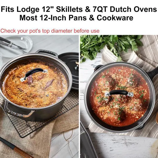 Alt view image 3 of 6 - 12 Inch Tempered Glass Lid for Lodge 12" Cast Iron Skillets & 7QT Dutch Ovens Riveted Handle with Heat-Resistant Silicone Cover,Steam Vent Hole Design