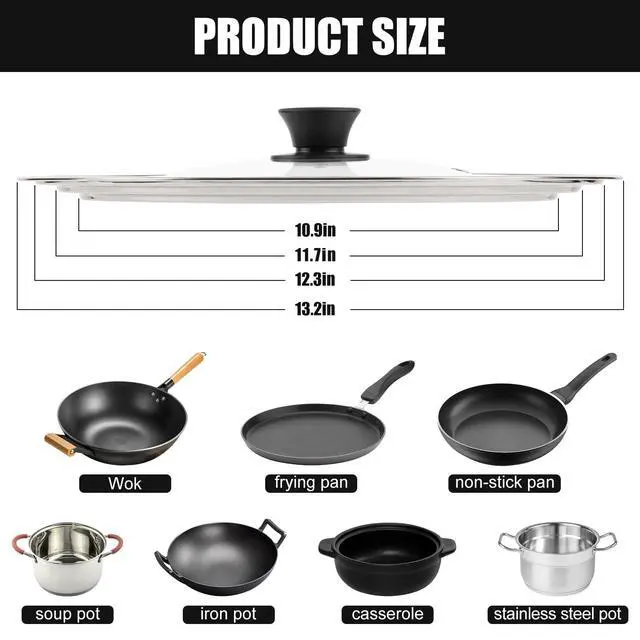 Alt view image 2 of 7 - Pan Lid Fits 11, 12 & 13 Inch Cookware, Universal Lid for Pots, Pans and Skillets,Replacement Frying Pan Cover with Tempered Glass Top, Stainless Steel Cast Iron Skillet Lids - Heat Resistant Handle