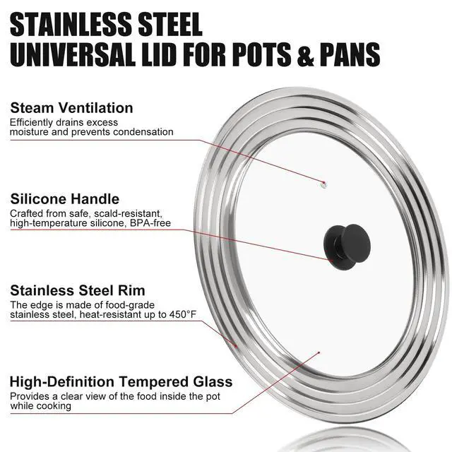 Alt view image 3 of 7 - Pan Lid Fits 11, 12 & 13 Inch Cookware, Universal Lid for Pots, Pans and Skillets,Replacement Frying Pan Cover with Tempered Glass Top, Stainless Steel Cast Iron Skillet Lids - Heat Resistant Handle