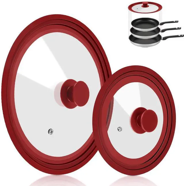 Main image of Universal Lid for Pots Pans and Skillets, 2 Pack Pan Cover fit 7", 8" 9" & 10", 11", 12" Diameter Cookware, Silicone Replacement Pan Lid Pot Lids for Frying Pans, Cast Iron,Tempered Glass Lid (Red)