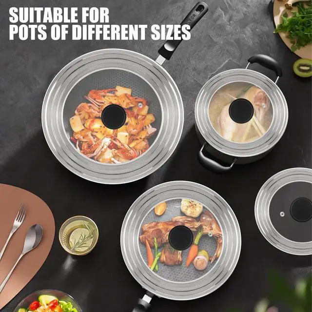 Alt view image 4 of 7 - Pan Lid Fits 11, 12 & 13 Inch Cookware, Universal Lid for Pots, Pans and Skillets,Replacement Frying Pan Cover with Tempered Glass Top, Stainless Steel Cast Iron Skillet Lids - Heat Resistant Handle