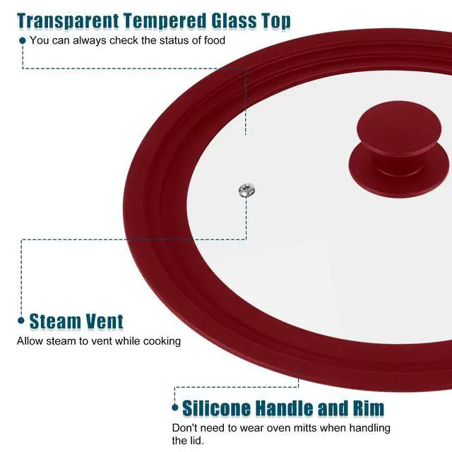 Alt view image 2 of 7 - Universal Lid for Pots Pans and Skillets, 2 Pack Pan Cover fit 7", 8" 9" & 10", 11", 12" Diameter Cookware, Silicone Replacement Pan Lid Pot Lids for Frying Pans, Cast Iron,Tempered Glass Lid (Red)
