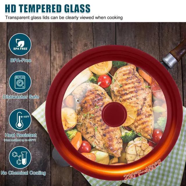 Alt view image 6 of 7 - Universal Lid for Pots Pans and Skillets, 2 Pack Pan Cover fit 7", 8" 9" & 10", 11", 12" Diameter Cookware, Silicone Replacement Pan Lid Pot Lids for Frying Pans, Cast Iron,Tempered Glass Lid (Red)