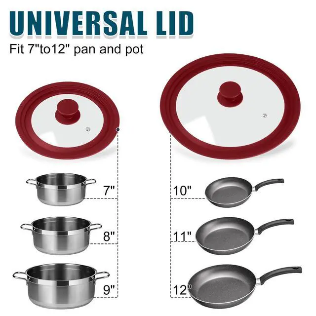 Alt view image 7 of 7 - Universal Lid for Pots Pans and Skillets, 2 Pack Pan Cover fit 7", 8" 9" & 10", 11", 12" Diameter Cookware, Silicone Replacement Pan Lid Pot Lids for Frying Pans, Cast Iron,Tempered Glass Lid (Red)