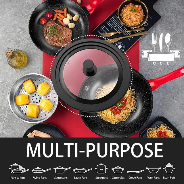 Alt view image 2 of 7 - Pot Lid Fits 10", 11", 12" Cookware, Tempered Glass with Heat-Resistant Silicone Rim and Handle, for Frying Pans & Skillets, Black